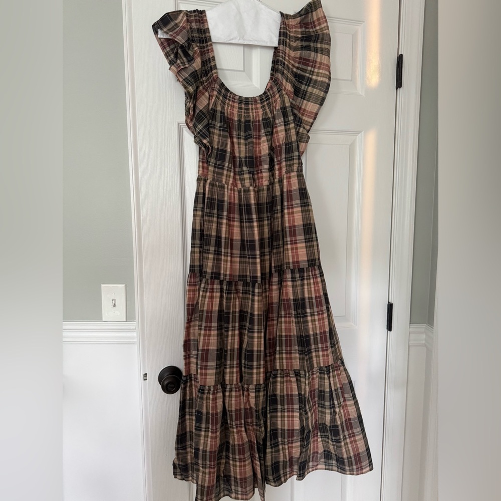 Madewell Plaid Tiered Maxi Dress in Brown and Black